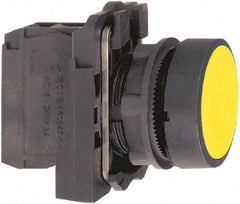 Schneider Electric - 22mm Mount Hole, Flush, Pushbutton Switch with Contact Block - Round, Yellow Pushbutton, Momentary (MO) - Benchmark Tooling