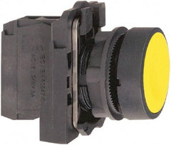 Schneider Electric - 22mm Mount Hole, Flush, Pushbutton Switch with Contact Block - Round, Yellow Pushbutton, Momentary (MO) - Benchmark Tooling