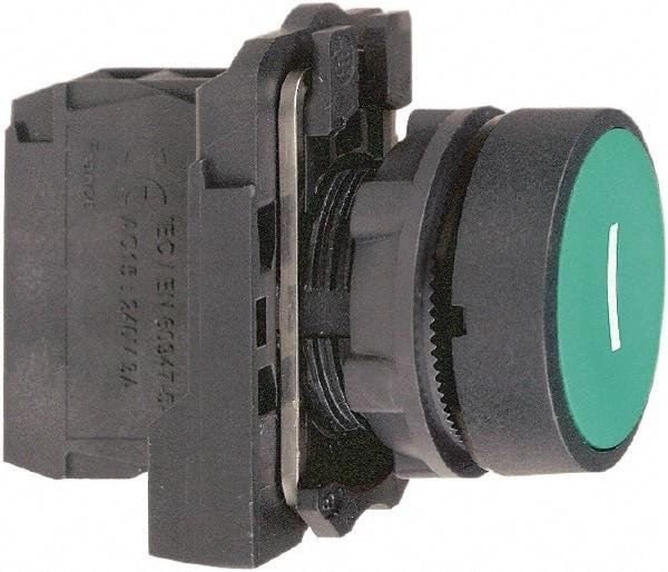 Schneider Electric - 22mm Mount Hole, Flush, Pushbutton Switch with Contact Block - Round, Green Pushbutton, Momentary (MO) - Benchmark Tooling