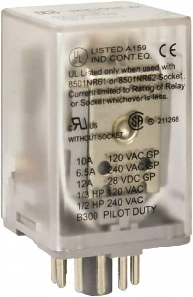 Square D - 1/2 hp at 240 Volt & 1/3 hp at 120 Volt, Octal Electromechanical Plug-in General Purpose Relay - 6.6 Amp at 240 VAC, 3PDT, 24 VAC at 50/60 Hz - Benchmark Tooling