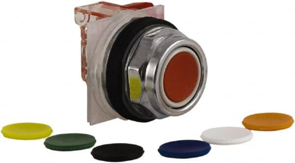 Schneider Electric - 30mm Mount Hole, Extended Straight, Pushbutton Switch with Contact Block - Multicolored Pushbutton, Momentary (MO) - Benchmark Tooling