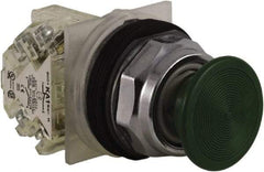 Schneider Electric - 30mm Mount Hole, Extended Straight, Pushbutton Switch with Contact Block - Green Pushbutton, Momentary (MO) - Benchmark Tooling