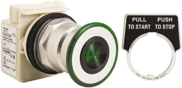 Schneider Electric - 1.18 Inch Mount Hole, Extended Straight, Pushbutton Switch Only - Round, Green Pushbutton, Illuminated, Maintained (MA), Momentary (MO), Weatherproof, Dust and Oil Resistant - Benchmark Tooling