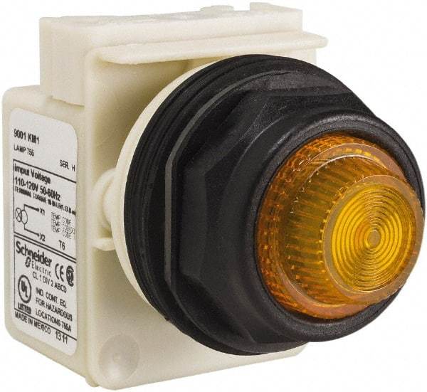 Schneider Electric - 110 VAC at 50/60 Hz via Transformer, 120 VAC at 50/60 Hz via Transformer Amber Lens Indicating Light - Round Lens, Screw Clamp Connector, Corrosion Resistant, Dust Resistant, Oil Resistant - Benchmark Tooling