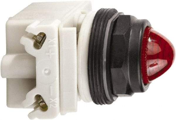 Schneider Electric - 120 VAC/VDC Red Lens LED Pilot Light - Round Lens, Screw Clamp Connector, 54mm OAL x 42mm Wide, Vibration Resistant - Benchmark Tooling