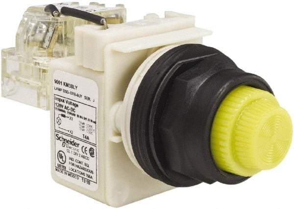 Schneider Electric - 120 V Yellow Lens LED Press-to-Test Indicating Light - Round Lens, Screw Clamp Connector, Corrosion Resistant, Dust Resistant, Oil Resistant - Benchmark Tooling