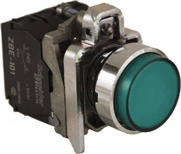 Schneider Electric - 0.87 Inch Mount Hole, Extended Straight, Pushbutton Switch - Round, Green Pushbutton, Illuminated, Momentary (MO), Anticorrosive, Dust Resistant and Vaportight - Benchmark Tooling