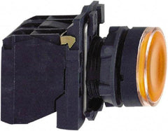 Schneider Electric - 22mm Mount Hole, Flush, Pushbutton Switch with Contact Block - Round, Orange Pushbutton, Illuminated, Momentary (MO) - Benchmark Tooling