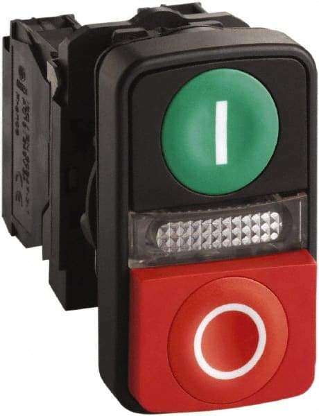 Schneider Electric - 22mm Mount Hole, Extended Straight, Flush, Pushbutton Switch Only - Rectangle, Green and Red Pushbutton, Illuminated, Momentary (MO), On-Off, Shock and Vibration Resistant - Benchmark Tooling