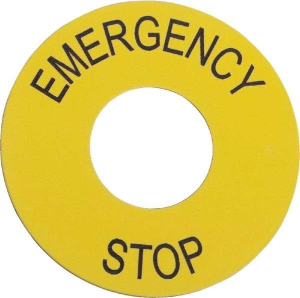 Schneider Electric - Round, PVC Legend Plate - Emergency Stop - Yellow Background, 60mm Hole Diameter - Benchmark Tooling