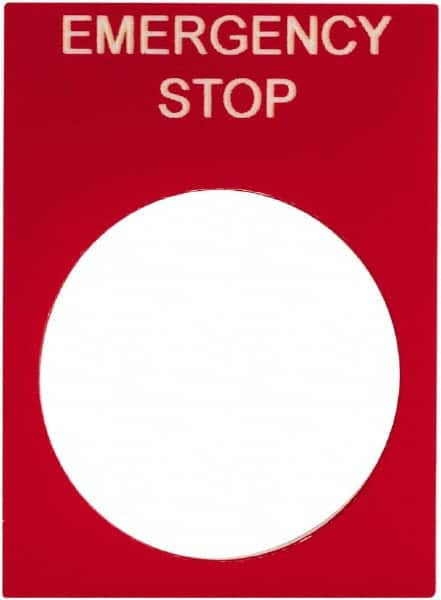 Schneider Electric - Rectangular, PVC Legend Plate - Emergency Stop - Red Background, White Letters, 22mm Hole Diameter, 30mm Wide x 40mm High - Benchmark Tooling