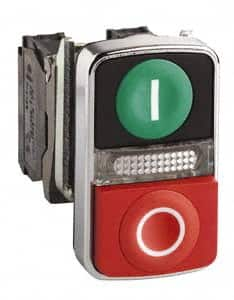 Schneider Electric - 22mm Mount Hole, Extended Straight, Flush, Pushbutton Switch Only - Rectangle, Green and Red Pushbutton, Illuminated, Momentary (MO), On-Off, Shock and Vibration Resistant - Benchmark Tooling