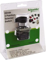 Schneider Electric - 22mm Mount Hole, 3 Position, Lever Operated, Selector Switch with Contact Blocks - Black, Maintained (MA), Nonilluminated, 1 Contact Block, 2NO - Benchmark Tooling