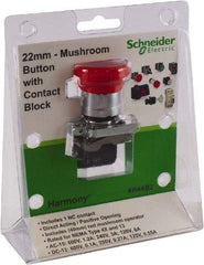 Schneider Electric - 22mm Mount Hole, Extended Mushroom Head, Pushbutton Switch with Contact Block - Round, Red Pushbutton, Nonilluminated - Benchmark Tooling