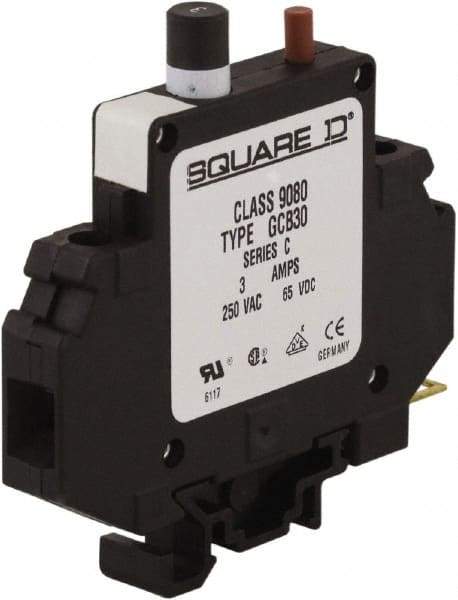 Square D - 3 Amp, 250 VAC, 65 VDC, 1 Pole, DIN Rail Mount Circuit Protector - Thermal Magnetic Trip, 16-10 AWG, 64mm Deep x 80mm High x - Benchmark Tooling