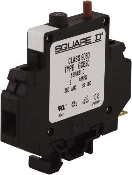 Square D - 2 Amp, 250 VAC, 65 VDC, 1 Pole, DIN Rail Mount Circuit Protector - Thermal Magnetic Trip, 16-10 AWG, 64mm Deep x 80mm High x - Benchmark Tooling