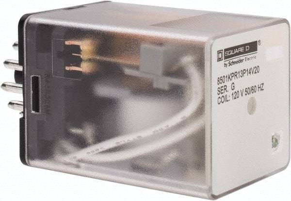 Square D - 11 Pins, 1 hp at 277 Volt & 1/3 hp at 120 Volt, 3 VA Power Rating, Octal Electromechanical Plug-in General Purpose Relay - 10 Amp at 250 VAC, 3PDT, 120 VAC at 50/60 Hz, 34.9mm Wide x 50.3mm High x 35.4mm Deep - Benchmark Tooling