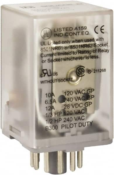 Square D - 8 Pins, 1 hp at 277 Volt & 1/3 hp at 120 Volt, 3 VA Power Rating, Octal Electromechanical Plug-in General Purpose Relay - 10 Amp at 250 VAC, DPDT, 48 VDC, 34.9mm Wide x 50.3mm High x 35.4mm Deep - Benchmark Tooling