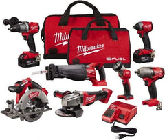 Milwaukee Tool - 18 Volt Cordless Tool Combination Kit - Includes Hammer Drill, Impact Driver, Reciprocating Saw, Circular Saw, Grinder, Work Light & 1/2" Impact Wrench, Lithium-Ion Battery Included - Benchmark Tooling