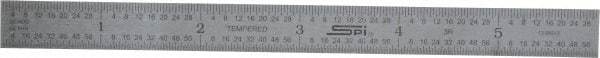 SPI - 6" Long, 1/64, 1/50, 1/32, 1/10" Graduation, Flexible Steel Rule - 3R Graduation Style, 1/2" Wide, Silver, Satin Chrome Finish - Benchmark Tooling