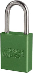 American Lock - Keyed Different Conductive Lockout Padlock - 1-1/2" Shackle Clearance, 1/4" Shackle Diam, 1.8" Body Height x 3/4" Body Width, Green, 6 Pins - Benchmark Tooling