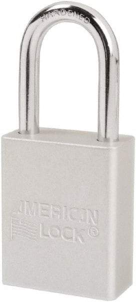 American Lock - Keyed Different Conductive Lockout Padlock - 1-1/2" Shackle Clearance, 1/4" Shackle Diam, 1.8" Body Height x 1-1/2" Body Width, Silver, 6 Pins - Benchmark Tooling