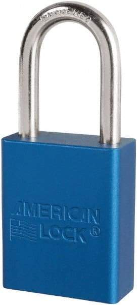 American Lock - Keyed Different Conductive Lockout Padlock - 1-1/2" Shackle Clearance, 1/4" Shackle Diam, 1.8" Body Height x 3/4" Body Width, Blue, 6 Pins - Benchmark Tooling