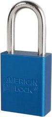American Lock - Keyed Different Conductive Lockout Padlock - 1-1/2" Shackle Clearance, 1/4" Shackle Diam, 1.8" Body Height x 3/4" Body Width, Blue, 6 Pins - Benchmark Tooling