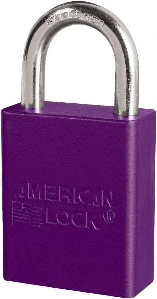 American Lock - Keyed Different Conductive Lockout Padlock - 1" Shackle Clearance, 1/4" Shackle Diam, 1.8" Body Height x 3/4" Body Width, Purple, 6 Pins - Benchmark Tooling