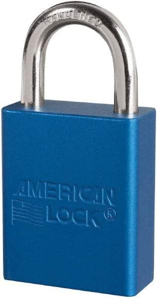 American Lock - Keyed Different Conductive Lockout Padlock - 1" Shackle Clearance, 1/4" Shackle Diam, 1.8" Body Height x 3/4" Body Width, Blue, 6 Pins - Benchmark Tooling