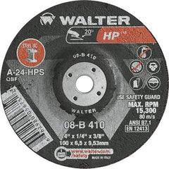 WALTER Surface Technologies - 24 Grit, 4" Wheel Diam, 1/4" Wheel Thickness, 3/8" Arbor Hole, Type 27 Depressed Center Wheel - Aluminum Oxide, Resinoid Bond, 15,000 Max RPM - Benchmark Tooling