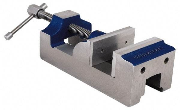 Gibraltar - 4" Jaw Opening Capacity x 1-3/4" Throat Depth, Horizontal Drill Press Vise - 4" Wide Jaw, Stationary Base, Standard Speed, 10-3/4" OAL, Cast Iron - Benchmark Tooling