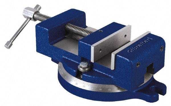 Gibraltar - 4-1/2" Jaw Width, 4" Jaw Opening Capacity, Horizontal Swivel Machine Vise - Manual Operation, 1 Station, 11-1/2" Long x 3-1/2" High x 1-1/4" Deep, 1-1/4" Jaw Height - Benchmark Tooling