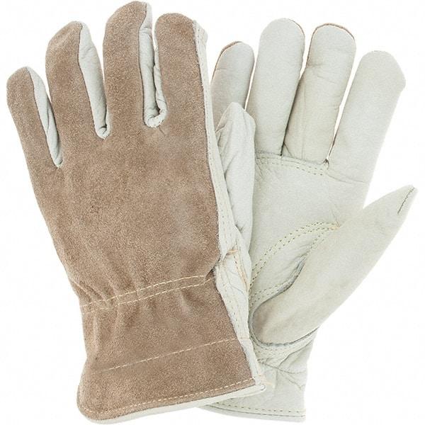 MCR Safety - Size L (9), ANSI Cut Lvl 3, Leather Cut & Puncture Resistant Gloves - 12.5" Long, White/Gray, Paired - Benchmark Tooling