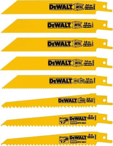 DeWALT - 8 Pieces, 4" to 6" Long x 0.04" Thickness, Bi-Metal Reciprocating Saw Blade Set - Straight Profile, 4 to 24 Teeth, Toothed Edge - Benchmark Tooling