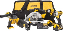 DeWALT - 5 Piece 20 Volt Cordless Tool Combination Kit - Includes 1/2" Hammerdrill, 1/4" Impact Driver, Reciprocating Saw, 6-1/2" Circular Saw & LED Worklight, Lithium-Ion Battery Included - Benchmark Tooling