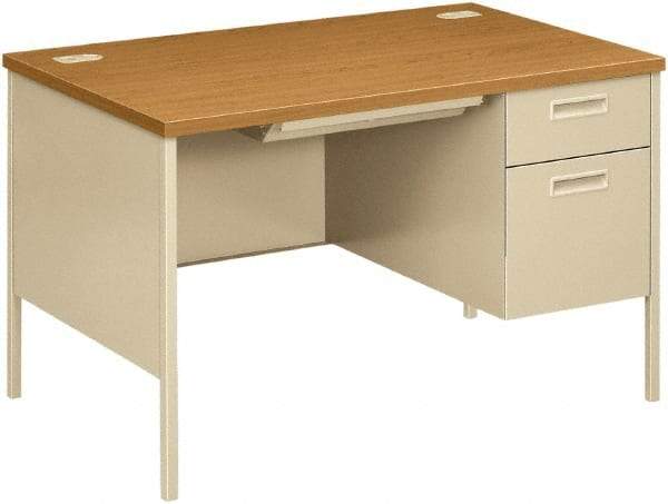 Hon - Laminate/Metal Right Pedestal Desk with Center Drawer - 48" Wide x 30" Deep x 29" High, Harvest/Putty - Benchmark Tooling