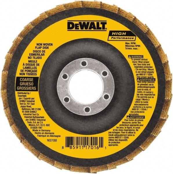 DeWALT - 4-1/2" Disc Diam, 7/8" Center Hole, Type 27 Aluminum Oxide Flap Disc - 13,300 Max RPM, Fiberglass Backing, Arbor Attaching System, Non-Woven - Benchmark Tooling