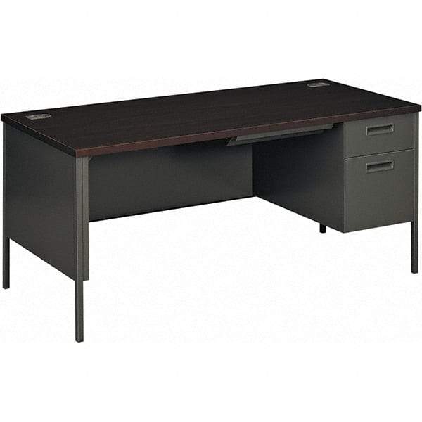 Hon - Plastic Laminated Top Single Pedestal with Right Hand Return Desk with Center Drawer - 66" Wide x 30" Deep x 29-1/2" High, Mahogany/Charcoal - Benchmark Tooling