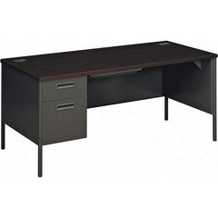 Hon - Plastic Laminated Top Single Pedestal Desk with Center Drawer - 66" Wide x 30" Deep x 29-1/2" High, Mahogany/Charcoal - Benchmark Tooling