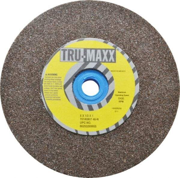 Tru-Maxx - 60 Grit Aluminum Oxide Bench & Pedestal Grinding Wheel - 5" Diam x 1" Hole x 1/2" Thick, 6495 Max RPM, O Hardness, Medium Grade , Vitrified Bond - Benchmark Tooling