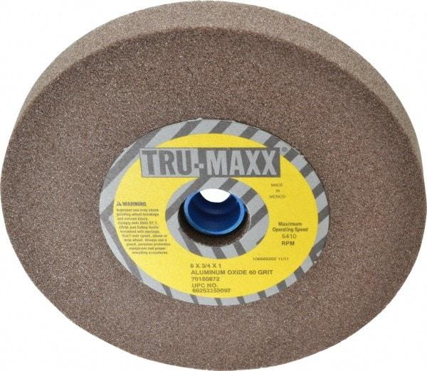 Tru-Maxx - 60 Grit Aluminum Oxide Bench & Pedestal Grinding Wheel - 6" Diam x 1" Hole x 3/4" Thick, 5410 Max RPM, O Hardness, Medium Grade , Vitrified Bond - Benchmark Tooling