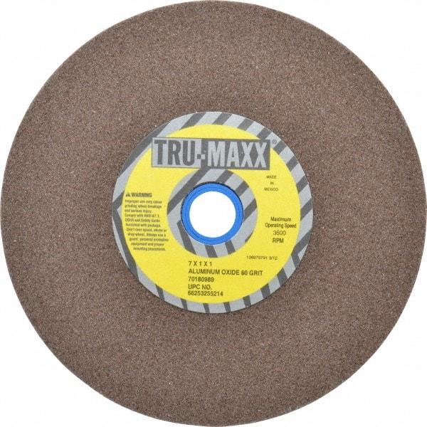 Tru-Maxx - 60 Grit Aluminum Oxide Bench & Pedestal Grinding Wheel - 7" Diam x 1" Hole x 1" Thick, 3600 Max RPM, O Hardness, Medium Grade , Vitrified Bond - Benchmark Tooling