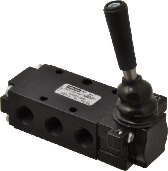 Parker - 0.83 CV Rate, 1/4" NPT Inlet Direct Air 4 Mechanical Spool Valve - 4 Way, 2 Position, 150 Max psi, Lever Spring Return - Benchmark Tooling