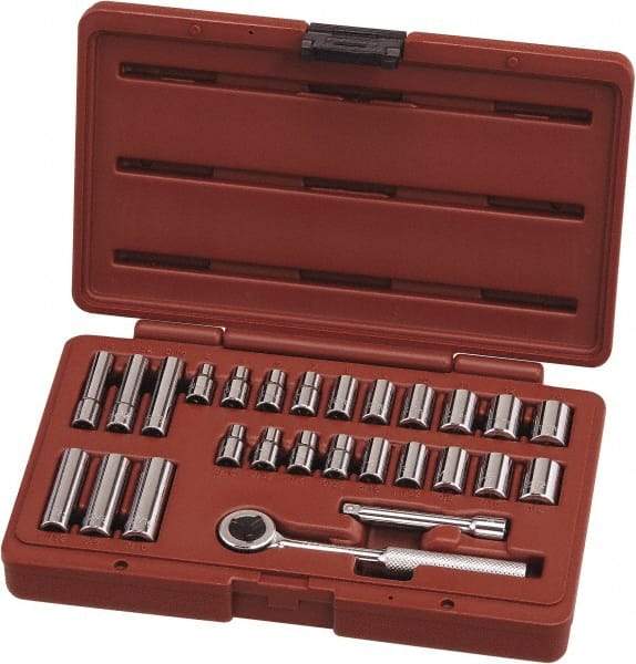 Paramount - 27 Piece 1/4" Drive Chrome Vanadium Finish Deep Well Socket Set - 6, 12 Points, 3/16" to 1/2" (4mm to 13mm) Range, Inch/Metric Measurement Standard - Benchmark Tooling