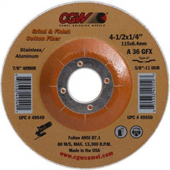 Camel Grinding Wheels - 36 Grit, 4-1/2" Wheel Diam, 1/4" Wheel Thickness, Type 27 Depressed Center Wheel - Medium Grade, Aluminum Oxide, 13,300 Max RPM - Benchmark Tooling
