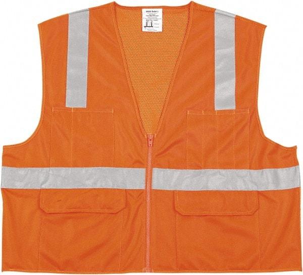 MCR Safety - Size XL High Visibility Orange Mesh/Solid General Purpose Vest - 25.4" Chest, ANSI 107-2015, Nonconductive Zipper Closure, 6 Pockets, Polyester - Benchmark Tooling