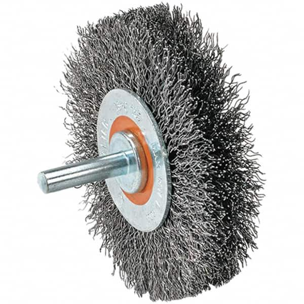 WALTER Surface Technologies - 2" OD, 1/4" Shank Diam, Crimped Stainless Steel Wheel Brush - 5/8" Face Width, 0.0118" Filament Diam, 25,000 RPM - Benchmark Tooling