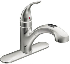 Moen - 3 Hole Mount, Low Arc Commercial Faucet - One Handle, Pull Lever Handle, Pullout Spout, No Drain - Benchmark Tooling