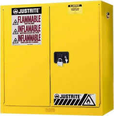 Justrite - 2 Door, 3 Shelf, Yellow Steel Wall Mount Safety Cabinet for Flammable and Combustible Liquids - 44" High x 43" Wide x 12" Deep, Manual Closing Door, 20 Gal Capacity - Benchmark Tooling